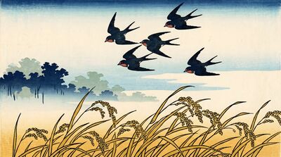 Swallows Over Rice Field Canvas Wall Art