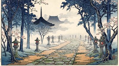 Temple Path in Mist Canvas Painting