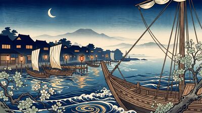 Harbor Town at Night Canvas Wall Art