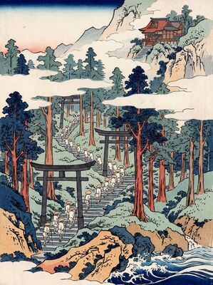 Pilgrims at Mountain Shrine Canvas Painting