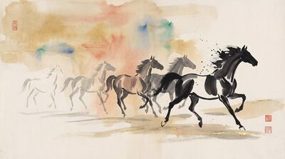 Seven Horses Sumi-e Ink Wash Canvas Wall Art