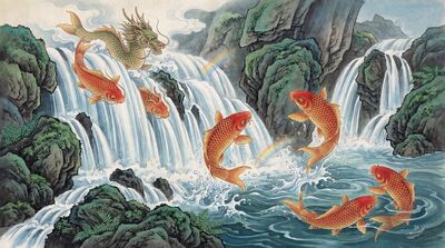 Dragon Gate Koi Waterfall Canvas Wall Art