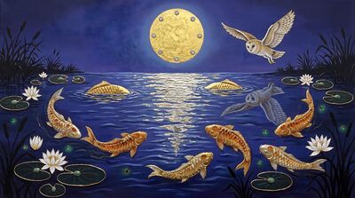 Moonlit Koi Nocturnal Pond Canvas Painting
