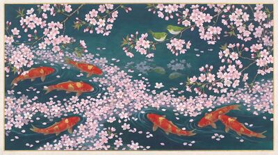 Koi Under Cherry Blossoms Canvas Wall Art