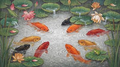 Koi Fish in Spring Rain Canvas Wall Art