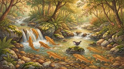Nine Koi Forest Stream Canvas Wall Art
