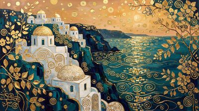 Gustav Klimt Santorini Cliffside Village Canvas Painting