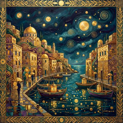 Gustav Klimt Mediterranean Harbor Rainy Night Canvas Wall Art