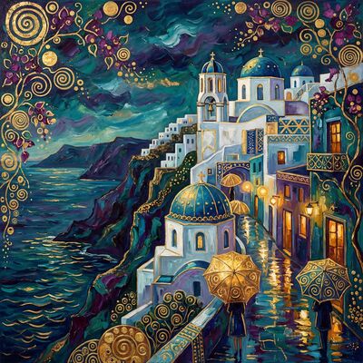 Gustav Klimt Santorini Cliffside Village Rainy Night Canvas Painting