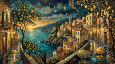 Gustav Klimt Amalfi Coast Village Rainy Night Canvas Painting