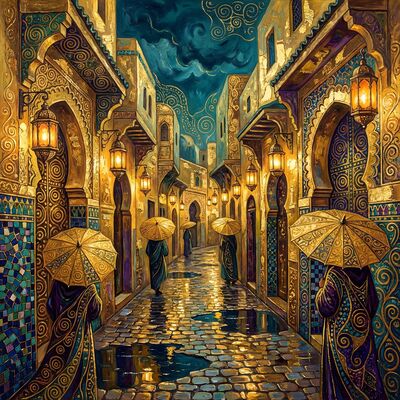 Gustav Klimt Moroccan Medina Alleyway Rainy Night Canvas Wall Art