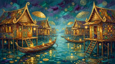 Gustav Klimt Floating Village Scene Rainy Night Canvas Painting