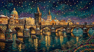 Gustav Klimt Prague Bridge Panorama Winter Snow Canvas Painting