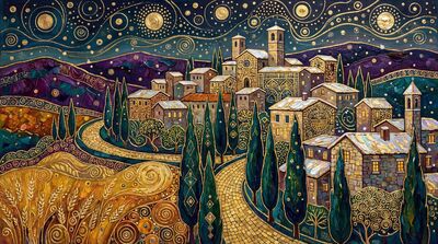 Gustav Klimt Tuscan Hilltop Village Winter Snow Canvas Wall Art