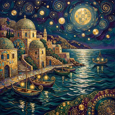 Gustav Klimt Mediterranean Harbor Moonlit Canvas Wall Art