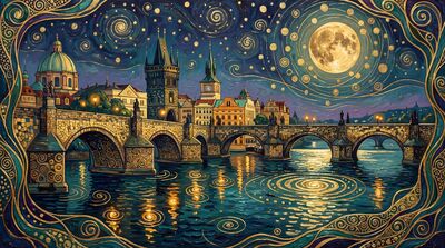 Gustav Klimt Prague Bridge Panorama Moonlit Canvas Painting