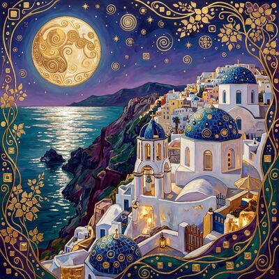 Gustav Klimt Santorini Cliffside Village Moonlit Canvas Painting