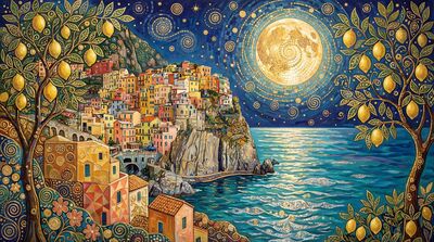 Gustav Klimt Amalfi Coast Village Moonlit Canvas Painting
