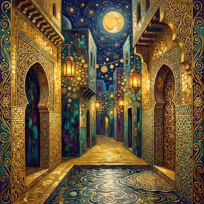 Gustav Klimt Moroccan Medina Alleyway Moonlit Canvas Wall Art