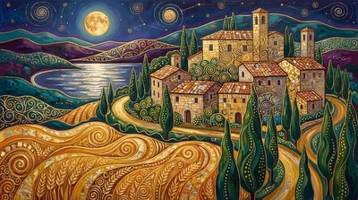 Gustav Klimt Tuscan Hilltop Village Moonlit Canvas Wall Art