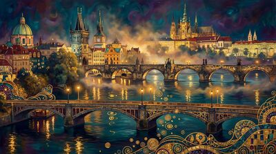 Gustav Klimt Prague Bridge Panorama Foggy Morning Canvas Painting
