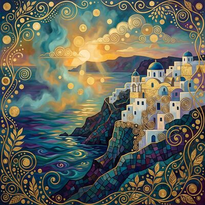 Gustav Klimt Santorini Cliffside Village Foggy Morning Canvas Painting