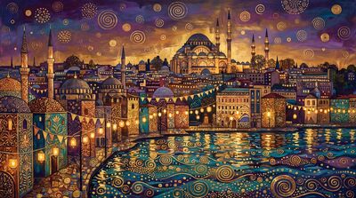 Gustav Klimt Istanbul Skyline Panorama Festival Lights Canvas Wall Art