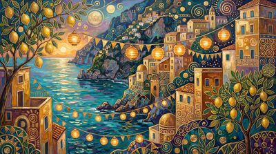 Gustav Klimt Amalfi Coast Village Festival Lights Canvas Painting