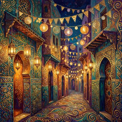 Gustav Klimt Moroccan Medina Alleyway Festival Lights Canvas Wall Art