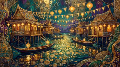Gustav Klimt Floating Village Scene Festival Lights Canvas Painting