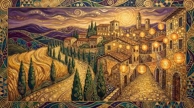 Gustav Klimt Tuscan Hilltop Village Festival Lights Canvas Wall Art