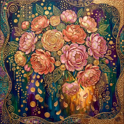Gustav Klimt Peony Bouquet Close-Up Canvas Painting