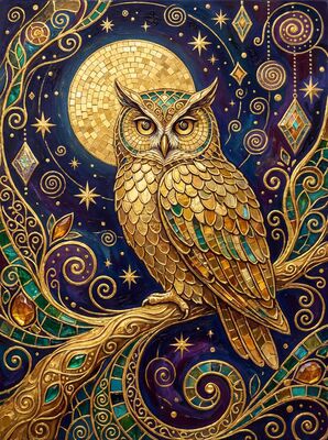 Gustav Klimt Owl in Moonlight Scene Canvas Wall Art