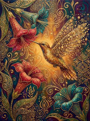 Gustav Klimt Hummingbird With Flowers Canvas Wall Art