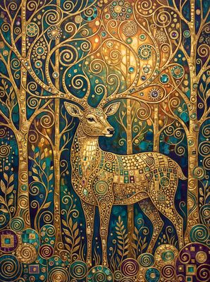 Gustav Klimt Deer in Golden Forest Canvas Painting