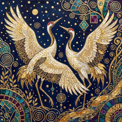 Gustav Klimt Dancing Crane Pair Scene Canvas Wall Art