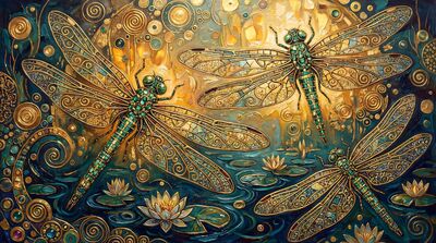 Gustav Klimt Dragonflies Over Pond Canvas Painting