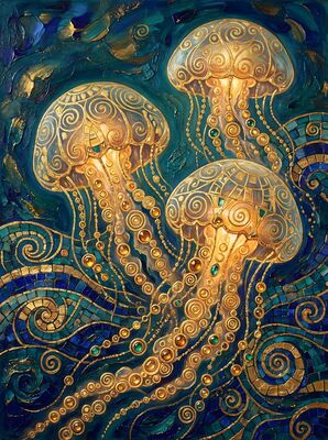 Gustav Klimt Deep Sea Jellyfish Scene Canvas Painting