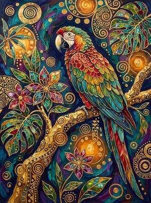 Gustav Klimt Tropical Parrot Perched Canvas Painting