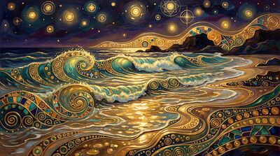 Gustav Klimt Bioluminescent Shore Scene Canvas Painting