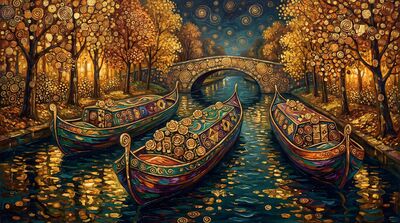 Gustav Klimt Canal Narrowboat Scene Canvas Wall Art
