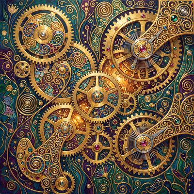 Gustav Klimt Golden Clockwork Gears Canvas Painting
