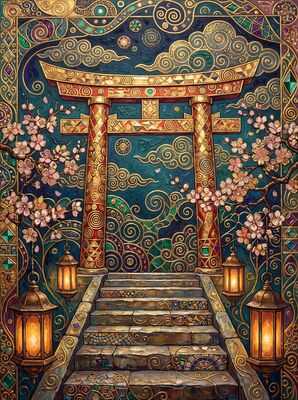 Gustav Klimt Japanese Temple Gate Scene Canvas Wall Art