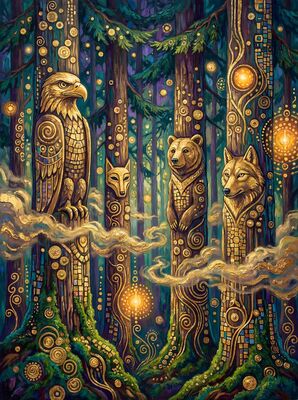 Gustav Klimt Carved Totem Forest Canvas Painting