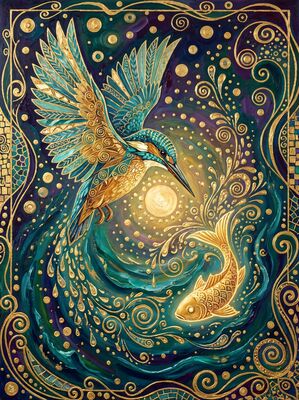 Gustav Klimt Kingfisher Diving Scene Canvas Painting