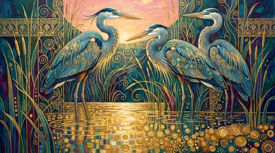 Gustav Klimt Herons at Dawn Scene Canvas Wall Art
