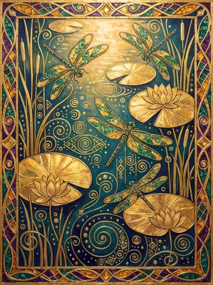 Gustav Klimt Dragonfly Over Pond Scene Canvas Wall Art