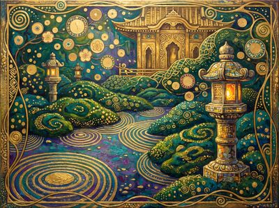 Gustav Klimt Japanese Moss Temple Scene Canvas Wall Art