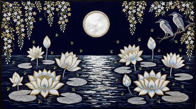 Moonlit White Lotus Pond Canvas Painting