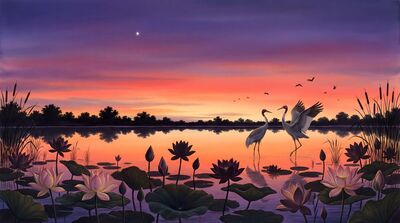 Twilight Sacred Lotus Pond Canvas Painting